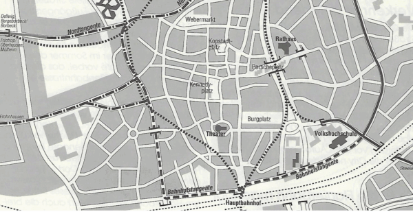 Die Grafik zeigt die vom BUND vorgeschlagene Streckenführung der Straßenbahn durch die City.