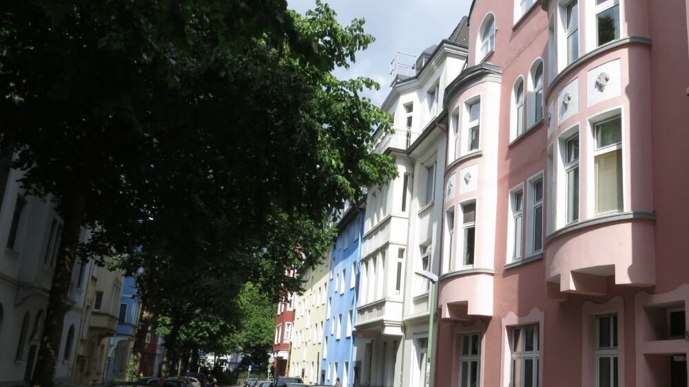 Das Foto zeigt den unteren Teil der Schornstraße im Essener Südviertel mit den großen Bäumen entlang der linken Seite