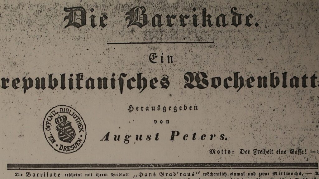 Ttitelblatt des von August Peters 1848 herausgegebenen Wochenblatts "Die Barrikade"