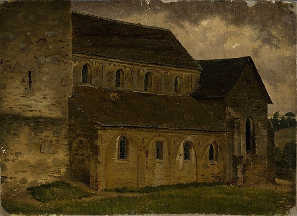 Das Gemälde von Werner Holmberg von 1854 zeigt die Erkrather Kirche von Südwesten.