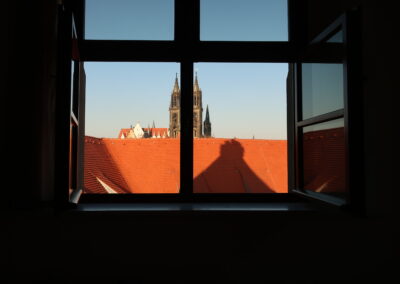 Das Foto ist aus einem Fenster der Evangelischen Akademie heraus aufgenommen und zeigt den Blick über ein Ziegeldach hinweg auf den Dom