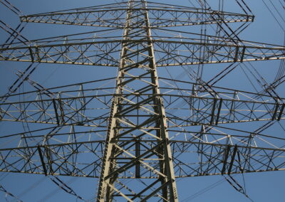 Das Bild zeigt einen sehr großen Strommast nörlich des ehemaligen Friedhofs Segeroth in Essen im Mai 2021