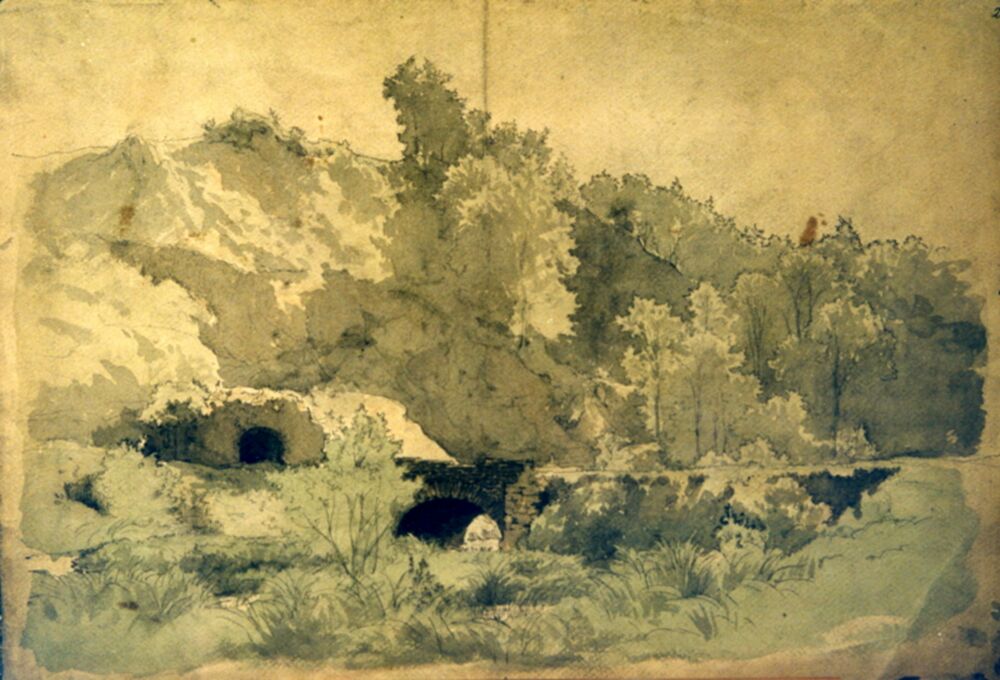 Die Zeichnung von Sophus Jacobsen, wohl aus 1854, zeigt die sogenannte Braumüllersche Brücke über die Düssel mit dem ruinösen Hatzfeld-Kalkofen.