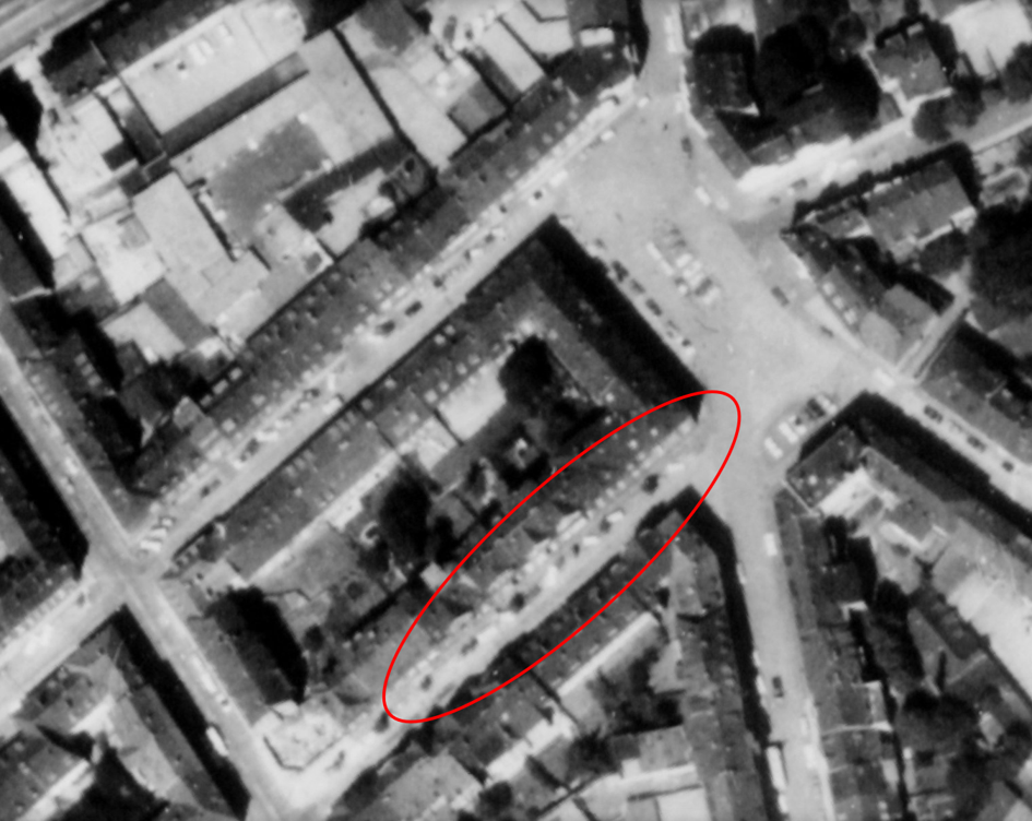 Luftbild der Schornstrasse und Umgebung von 1969 - die Baumreihe, um die es geht, ist rot markiert.