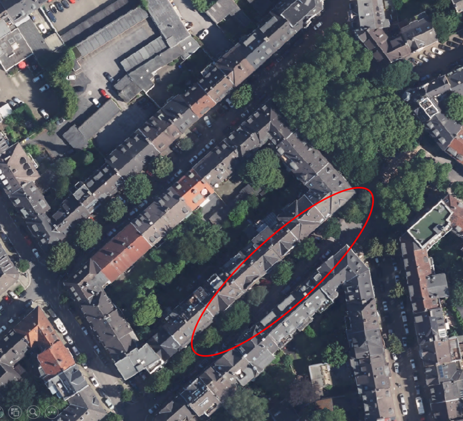 Luftbild der Schornstrasse und Umgebung - die Baumreihe, um die es geht, ist rot markiert.