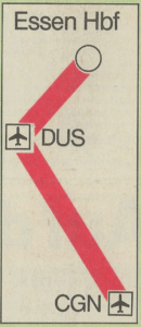 Geplante Strecke der Magnetschwebebahn Rhein-Ruhr: Essen - Düsseldorf Flughafen - Köln Flughafen