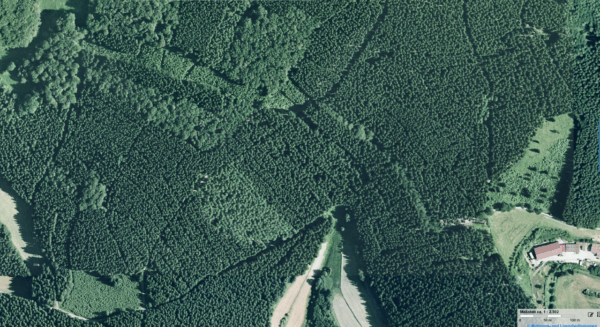 Das Luftbild aus 2006, also vor Kyrill, zeigt fast durchgängig dicht bewaldetes Gelände