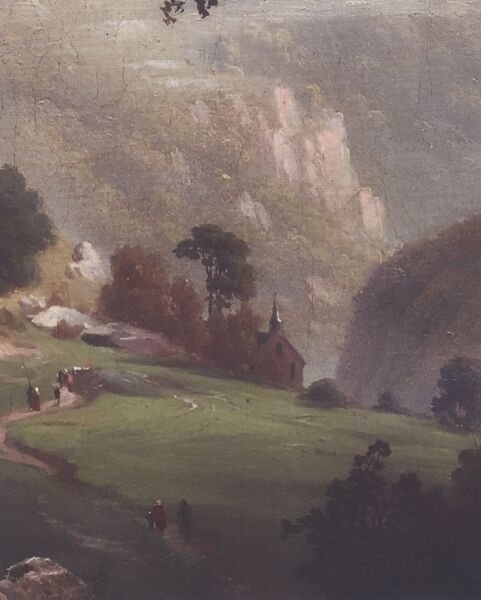 Ausschnitt eines Bildes von Leonard Rausch 1852: Blick ins Neandertal mit einer hineinkomponierten Kapelle, die sich niemals dort befand