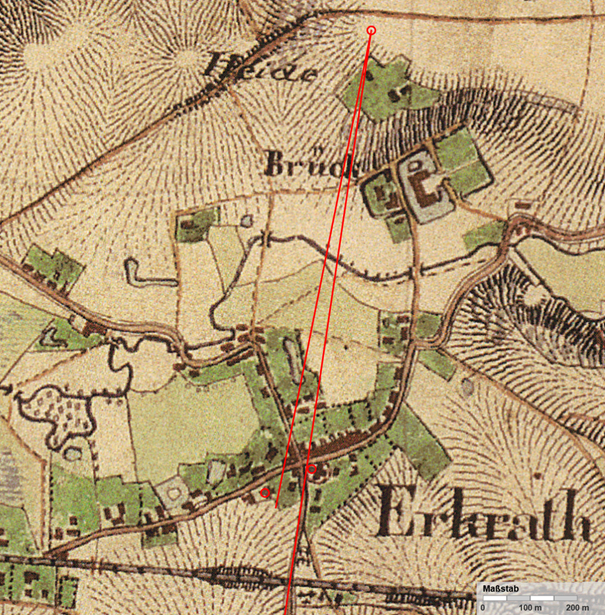 Ausschnitt aus einer Karte von 1844 - Preußische Uraufnahme, auf der der Standort des Malers gekennzeichnet ist sowie die Blickachsen auf die beiden Erkrather Kirchen