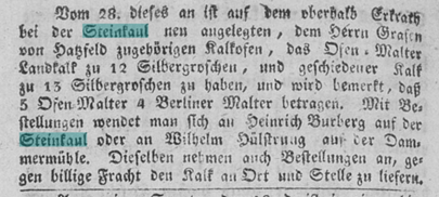 Eine Anzeige aus 1825 für den Kauf von Kalk aus dem Hatzfelder Kalkofen