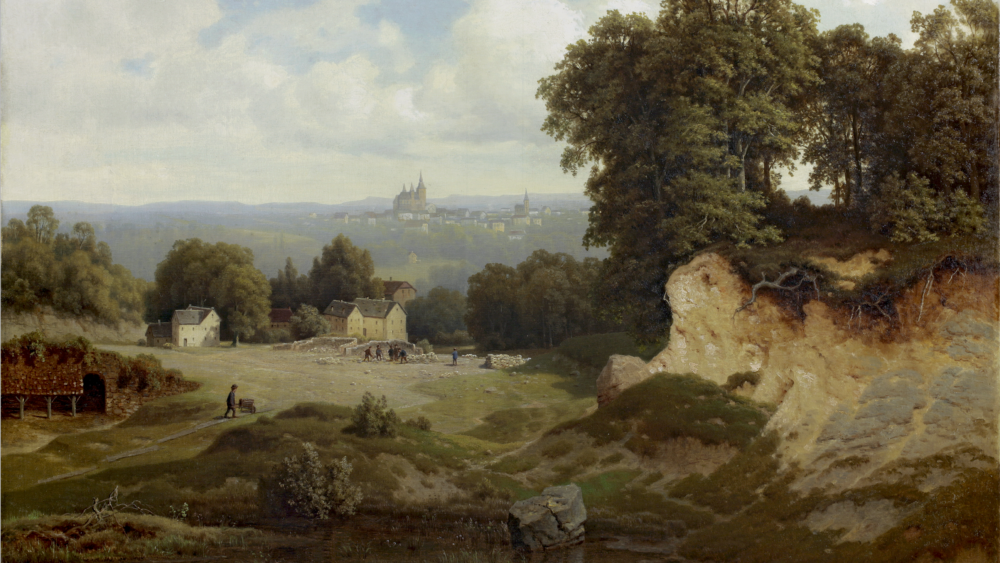 Gemälde von Leonard Rausch, 1856: Blick von einer Anhöhe im Gestein auf Erkrath mit seinen beiden großen Kirchen (Ausschnitt)