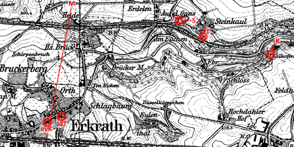 Mögliche Aufnahmeorte der Bildmotive (vgl. Abb. 9) und denkbare Blickrichtungen dabei. Zugrunde liegt die Neuaufnahme der Topographischen Karte (TK 25, Blatt 4707 Mettmann) von 1894.