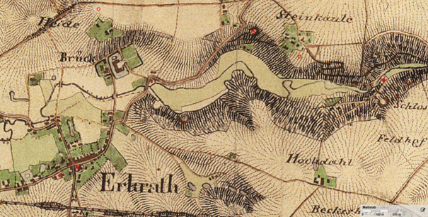 Ausschnitt der Topographischen Karte von 1844 ("Uraufnahme") mit Markierung der möglichen Aufnahmeorte der Motive