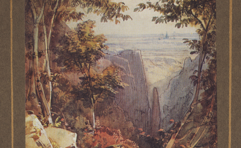 Caspar Scheuren: Aquarell Im Gestein. Blick durhc die Felsen ins Rheintal nach Neuß
