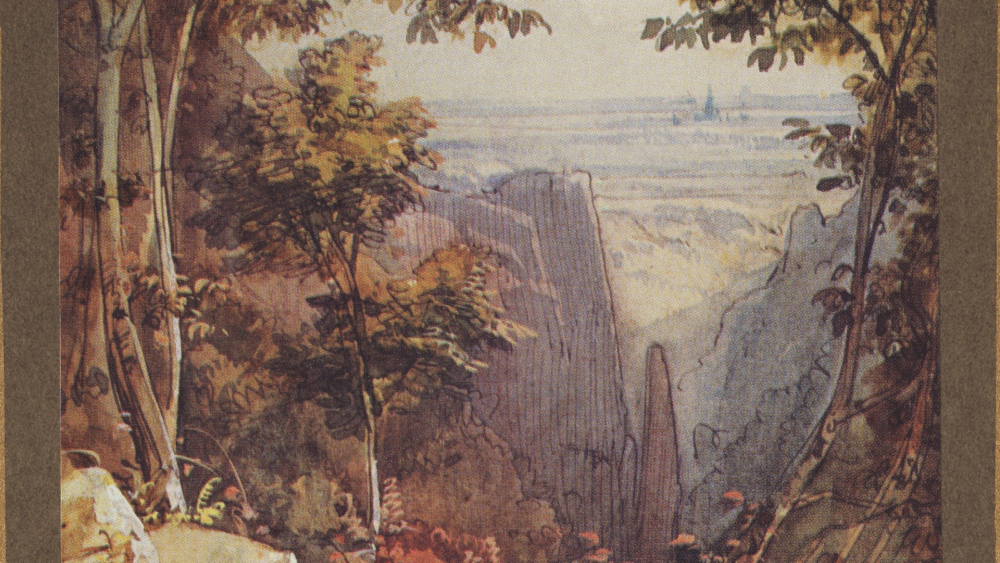 Das Bild zeigt einen Ausschnitt des Aquarells "Im Gesteins" von Caspar Scheuren