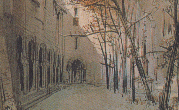 Das Aquarell von Caspar Scheuren zeigt das Münster des Frauenstifts Essen