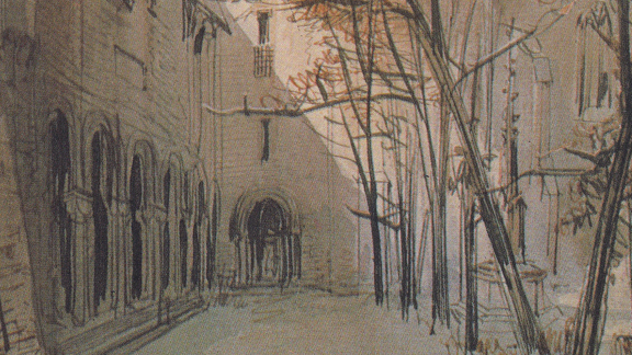 Das Aquarell von Caspar Scheuren zeigt eine Ansicht des Essener Münster