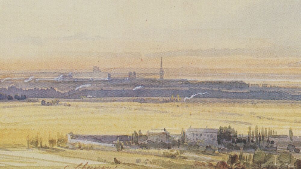 Aquarell von Capsar Scheuren: Blick vom Grafenberg aus über Düsseldorf bis nach Neuß