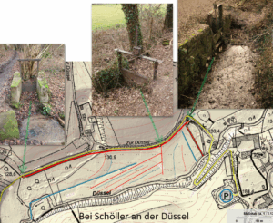 Fotocollage aus einem Kartenausschnitt der Düsselaue und 3 Stauschleusen am Weg